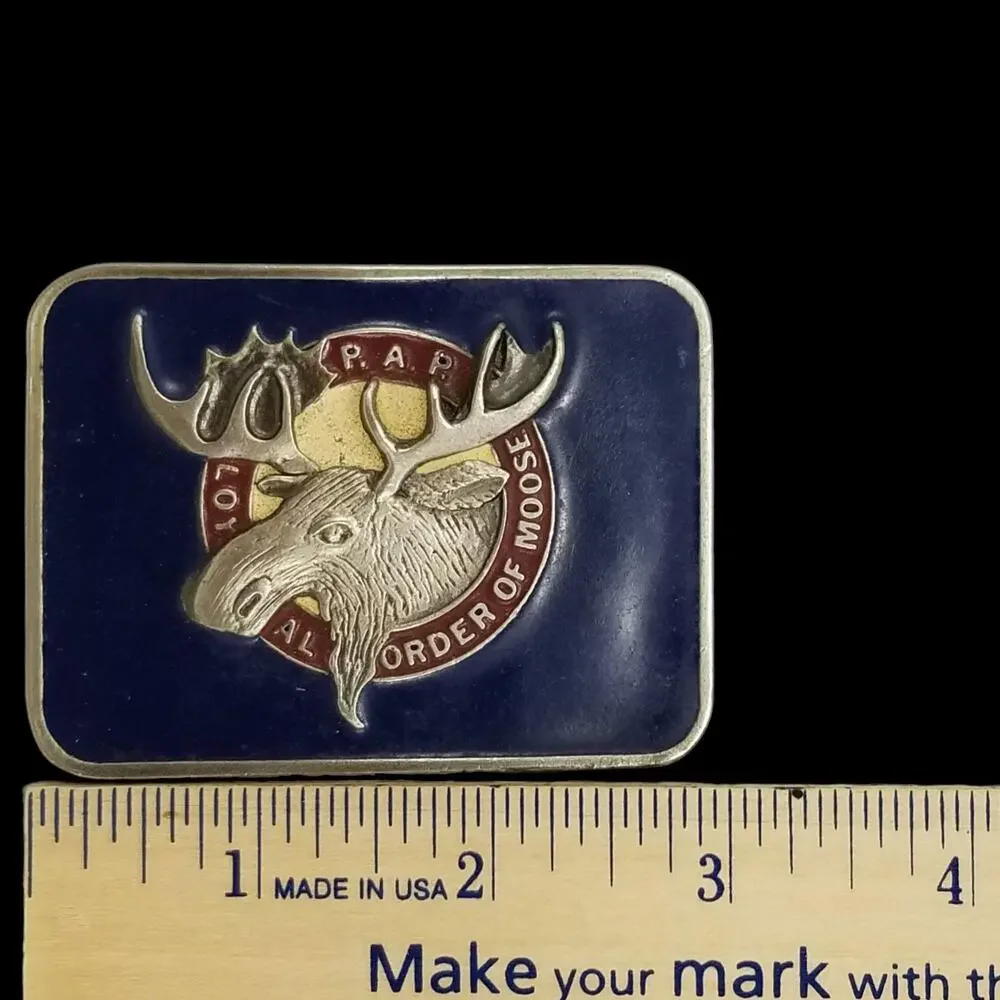 Vintage P.A.P Belt Buckle, Loyal Order of‎ the Moose, Pewter Blue Enamel